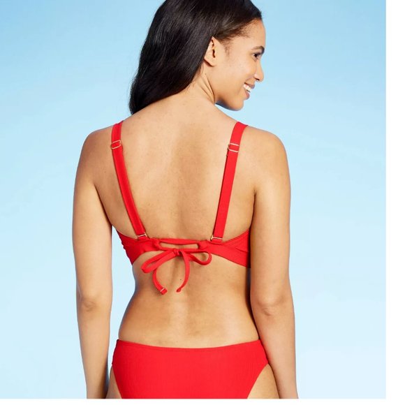 Ribbed Cut-Out Bralette Bikini Top Junior D/DD RED - Picture 2 of 5